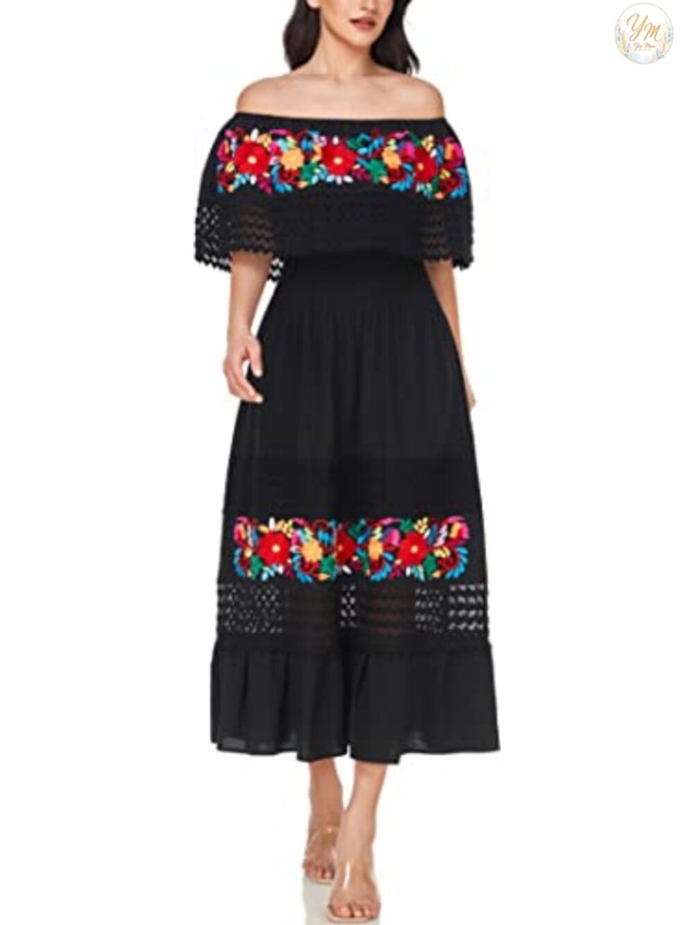 Women's Off-Shoulder Mexican Embroidered Cotton Maxi Dress